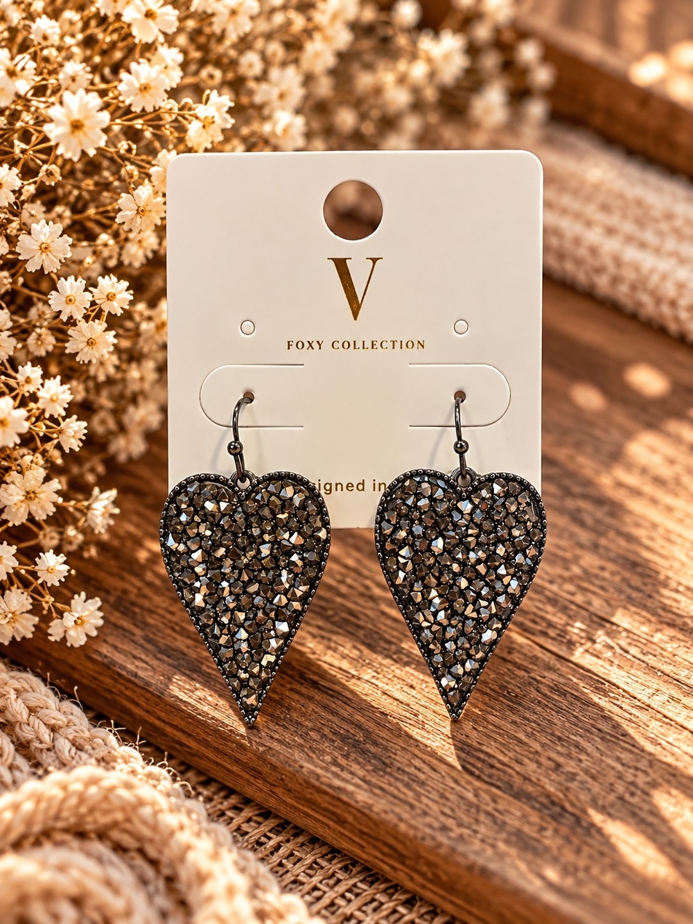 Sparkling Gunmetal Heart Statement Earrings